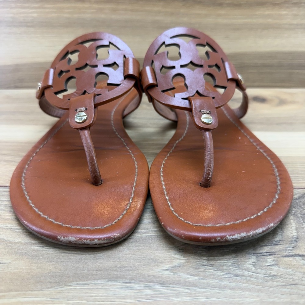 Tory Burch Miller Royal Tan Sandals 9 M Leather Flip Flops Vacation Resort - Picture 4 of 10